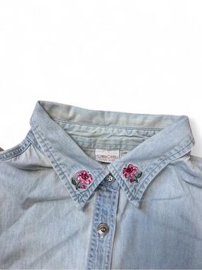 Cherokee Light Blue Denim Shirt with Pink Floral Collar Embroidery